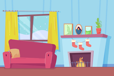 Cozy living room with fireplace with decorations, comfortable sofa with cushion and yellow curtains on window. Vector illustration of winter indoor scene. Winter evening, Christmas interior conceptのイラスト素材