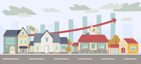 Houses with sale tags in street vector illustration. Diagram with arrow up on background. Housing crisis, problems in real estate sector, development of affordable housing conceptのイラスト素材