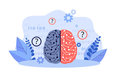 Human brain with neural connections and question marks vector illustration. Binary system elements....