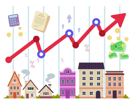Houses with arrow up vector illustration. Money, calculator, contract, interest rate. Real estate investment conceptのイラスト素材