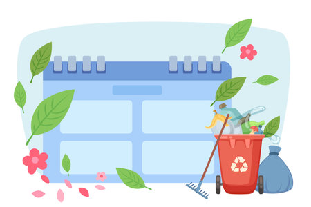 Calendar with cleaning schedule and spring flowers and leaves vector illustration. Recycling bin, rake, bag with trash. Spring cleaning checklist conceptのイラスト素材