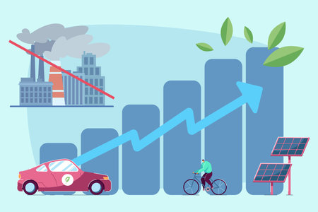 Diagram with growing green energy. Vector illustration of electric machine, solar panels, plant with emissions, man riding bike. Reducing CO2 emissions, greenhouse effect, climate change conceptのイラスト素材