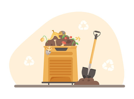 Compost box with soil and food waste vector illustration. Recycling signs. Bio recycling garbage, waste products for organic fertilizer. Agriculture, reducing food waste, environmental pollution.のイラスト素材
