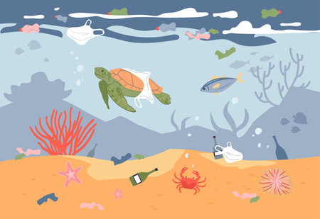 Fish and tortoise swimming among garbage in ocean vector illustration. Bottles, packages causing harm to marine fauna. Environment, ecology, ocean pollution conceptのイラスト素材