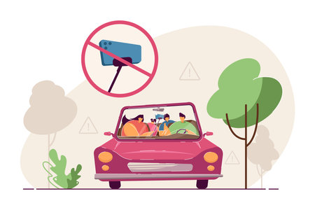Selfie stick with mobile phone in forbidden circle. Vector illustration. People driving car and taking photos. Warning signs on background. Selfie ban, danger of selfie conceptのイラスト素材