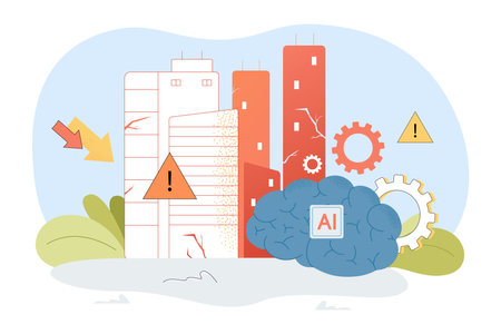 AI brains causing destruction of company. Company buildings with cracks, warning signs and decreasing arrows vector illustration. Artificial intelligence, business, crisis, new technology conceptのイラスト素材