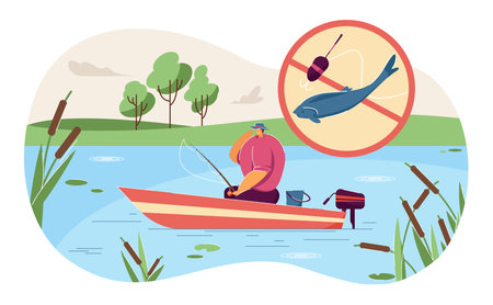 Fisherman with fishing rod in boat vector illustration. Landscape of lake. Fish and fishhook in forbidden circle. Violation of rules, fishing ban conceptのイラスト素材