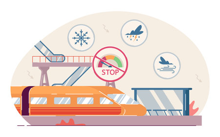 Trains stopping working due to weather conditions. Vector illustration. Stop sign and snowy, windy, rainy icons. Transport and weather conceptのイラスト素材