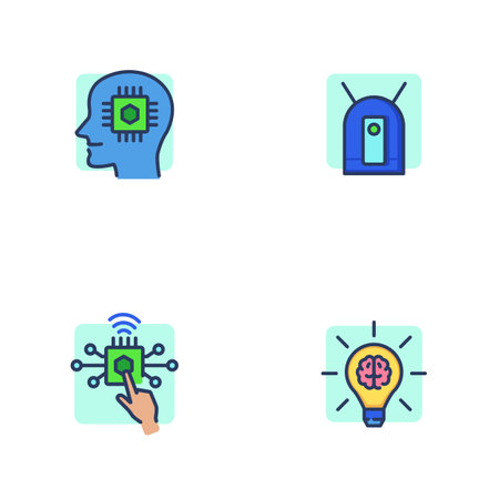 Automation and AI concept line icon set. CPU in human head, pressing microchip, lightbulb with brain, robot. Vector illustration symbol element for web design and appsのイラスト素材