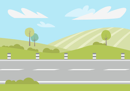 Straight asphalt road through countryside. Vector illustration. Green hill with trees and bushes, blue sky on background. Summer landscape concept.のイラスト素材