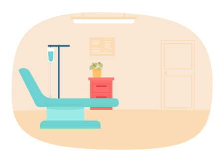 Young woman sitting beside elderly lady lying in hospital bed. Female character holding cup of tea and talking to grandmother in medical ward flat vector illustration. concept for banner, landing pageのイラスト素材