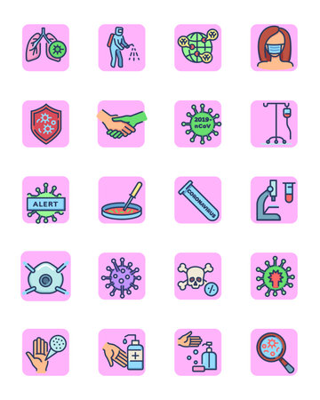 Coronavirus epidemic thin icon set. Respiratory disease, disinfection, global pandemic, spread prevention. Vector icons for corona virus, outbreak, 2019-ncov, infection conceptのイラスト素材
