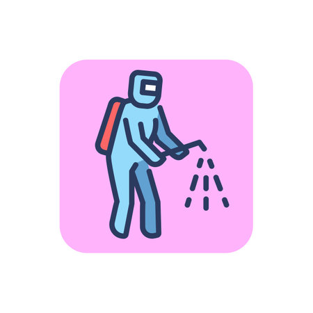 Disinfection worker thin line icon. Sterilization, cleaning, uniform outline sign. Healthcare and virology concept. Vector illustration symbol element for web design and appsのイラスト素材
