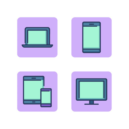 Digital devices and gadgets line icon set. Laptop, smartphone, tablet, TV, connecting a phone to a tablet, local network, linking devices. Modern technology and gadgets concept. Vector illustrations for web design and appsのイラスト素材