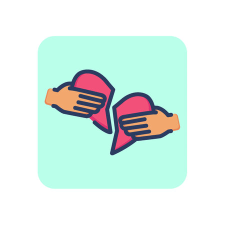 Hands with heart halves thin line icon. Love, romance, repairing outline sign. Friendship and love concept. Vector illustration for web design and appsのイラスト素材
