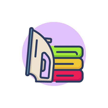 Iron thin line icon. Home, appliance, stack of clothes, textile. Household, laundry, domestic work concept. Vector illustration for web design and appsのイラスト素材