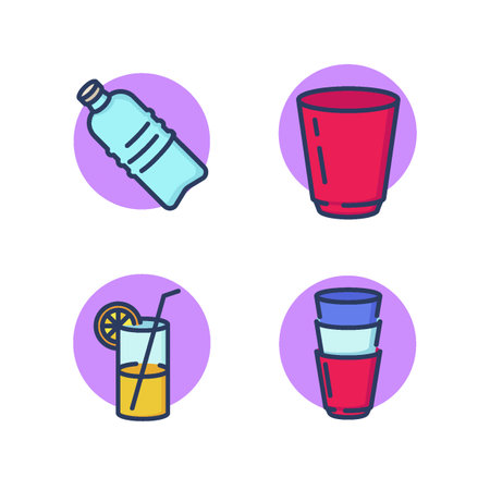 Plastic water drink glasses line icons set. Plastic bottle, water, glasses, lemonade in a glass goblet. Drinks in disposable glasses, bottles concept. Vector illustration for web design and appsのイラスト素材