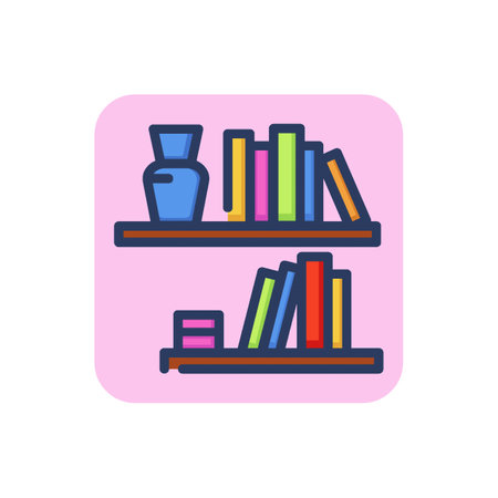 Bookshelves line icon. Books, shelves, vase outline sign. Home interior, furniture, knowledge, education concept. Vector illustration for web design and appsのイラスト素材