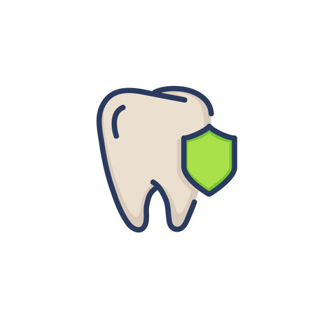 Dental care thin line icon. Tooth with shield, insurance, protection isolated outline sign. Dental care, healthy teeth, dentistry concept. Vector illustration, symbol element for web design and appsのイラスト素材