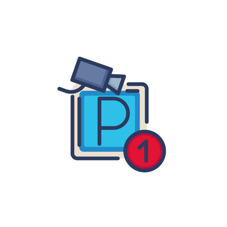 Parking lot with surveillance line icon. Square road sign, video camera isolated outline sign. Car driving, CCTV monitoring concept. Vector illustration, symbol element for web design and appsのイラスト素材