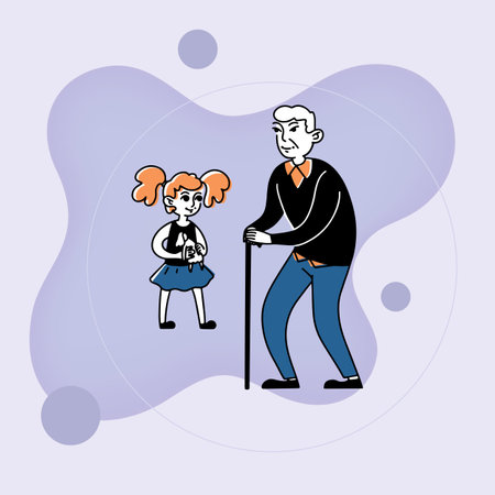 Grandfather with his granddaughter. Flat vector line illustration. Little girl with doll and senior man with cane. Family, generation concept for banner, website design or landing web pageのイラスト素材