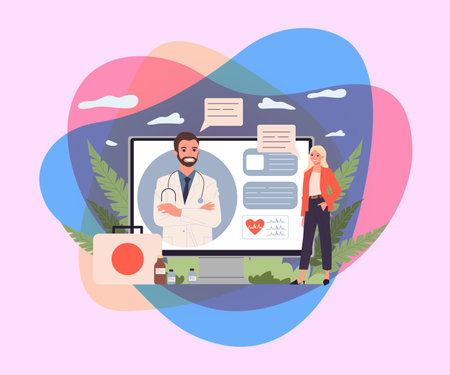 Patient and doctor talking online. Computer, monitor, video call flat vector illustration. Healthcare, communication, internet app concept for banner, website design or landing web pageのイラスト素材
