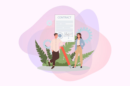 Business partners using online app to sign contract vector illustration. Man with huge pen and woman signing business documents with electronic signature. Modern technology, cooperation conceptのイラスト素材