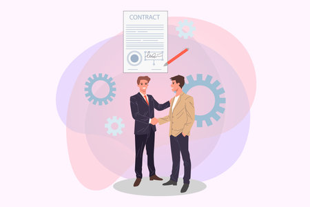 Business people signing contract vector illustration. Businessmen shaking hands after signing agreement. Partnership, business cooperation conceptのイラスト素材