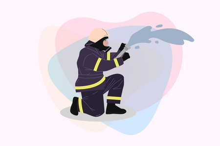 Firefighter with hose extinguishing fire vector illustration. Man in protective clothes with tools. Fireman, safety, rescuing conceptのイラスト素材