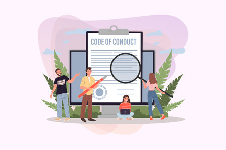 Business people studying code of conduct paper vector illustration. Office people working on company ethical integrity document on laptop screen. Code of business ethics and valuesのイラスト素材
