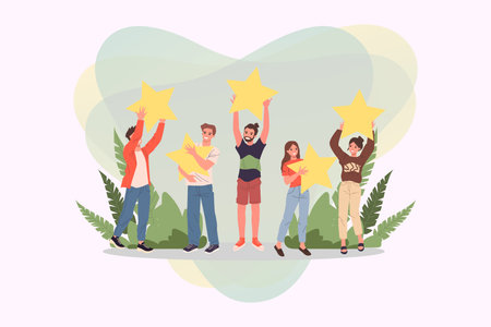 Satisfied customers rating services quality with review stars vector illustration. Happy people...
