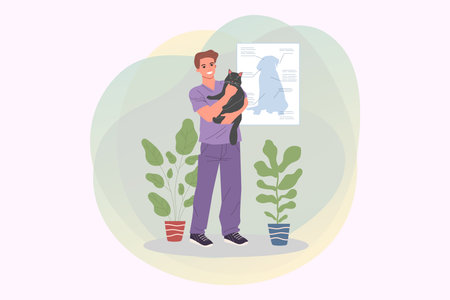 Male veterinarian holding cat vector illustration. Happy friendly pets doctors examining cat. Veterinarian job, domestic animals care conceptのイラスト素材