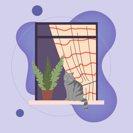 Open window with cat and plant on it vector illustration. Exterior of building. Window with curtains. Design, pet, home conceptのイラスト素材