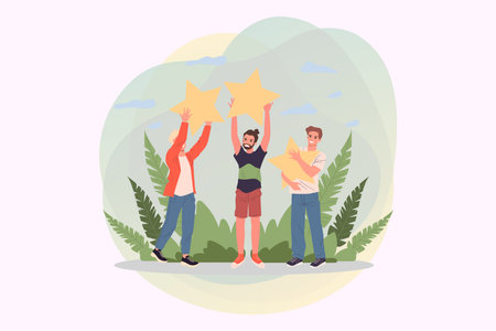 Happy people holding stars over their hands vector illustration. Satisfied customers rating services...