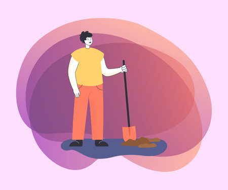 Young man with shovel flat vector illustration. Farmer digging ground and growing plants. Garden work, hobby, agriculture, gardening conceptのイラスト素材