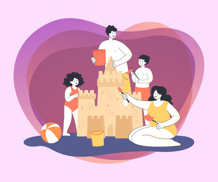 Mother, father and children making sand castle together. Summer scene with happy people playing together flat vector illustration. Family vacation concept for bannerのイラスト素材