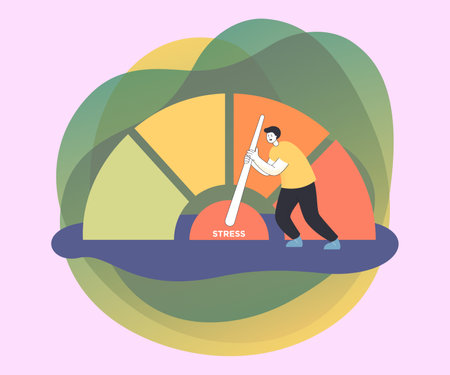 Tired employee reducing stress level and overload pressure. Person measuring tension, reaction and negative emotions on speedometer scale flat vector illustration. Business productivity conceptのイラスト素材