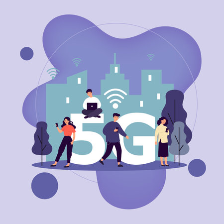 Young citizens using digital gadgets. Laptops and cellphones users using 5G high speed wireless internet connection. Vector illustration for interaction, telecom, wi-fi, smart city conceptのイラスト素材