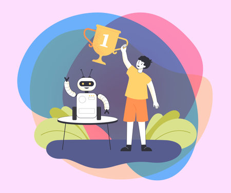 Happy young winner of school robotics competition. Kid holding award, robot or electronic toy on table flat vector illustration. Modern robots, education, programming concept for banner, landing pageのイラスト素材