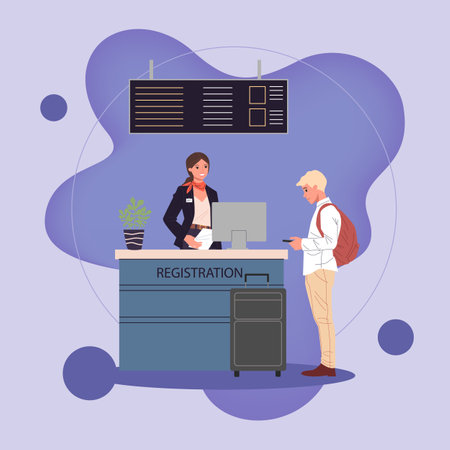 Young man with smartphone at airport registration desk. Male traveler with suitcase waiting for check in to his flight. Vector illustration for travel, vacation, departure, boarding conceptのイラスト素材