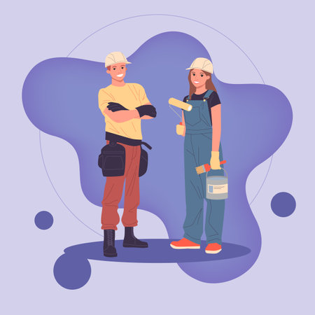 Male foreman and female painter standing together. Positive professional team in hardhats with tools working on construction site. Building works, job conceptのイラスト素材