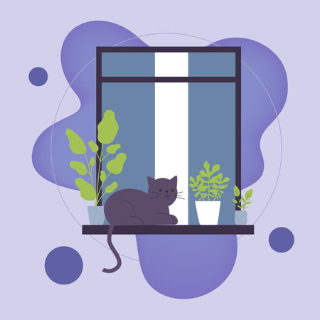 Cute cat on windowsill with potted plants. Cat life through open window. Vector illustration for apartment building, condo, pet conceptのイラスト素材