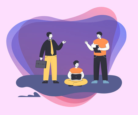 Business team discussing new project. Man with briefcase, clipboard and laptop working on new business startup flat vector illustration. Business, teamwork, startup conceptのイラスト素材