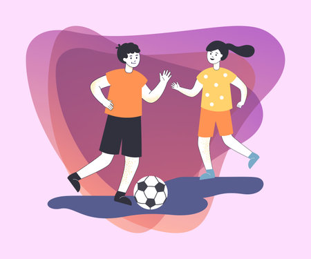 Boy and girl playing football. Brother and sister spending time together flat vector illustration. Active lifestyle, sport, leisure activities conceptのイラスト素材