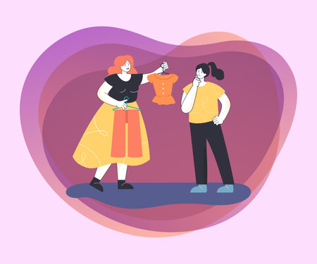 Shop assistant offering blouse to passive client. Woman selling clothes at boutique flat vector illustration. Shopping concept for banner or landing pageのイラスト素材