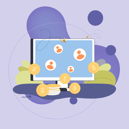 Computer monitor with social media profiles flat vector illustration. Stack of coins near computer. Increasing conversion rates, social media, monetization conceptのイラスト素材