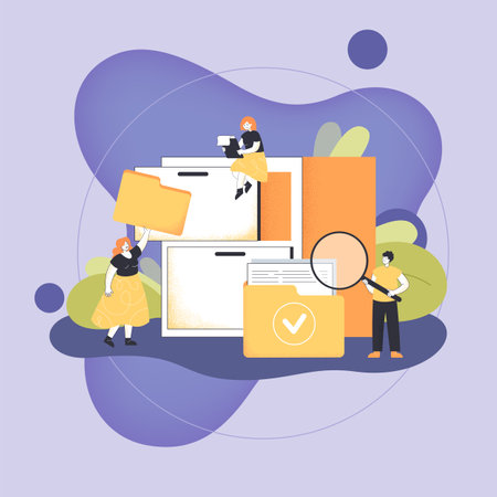 Workers organizing data storage flat vector illustration. Women putting folders in cabinet. Man searching for document in folder. Organized archive, database, information conceptのイラスト素材