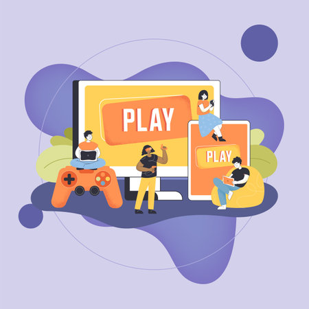 People playing video game on mobile phone and computer. Men and women playing console, using various hardware devices, laptop or tablet flat vector illustration. Cross-platform play conceptのイラスト素材