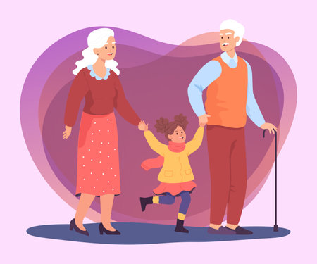Old couple walking with happy child. Granddaughter holding hands of grandfather and grandma flat vector illustration. Family, old age concept for banner or landing pageのイラスト素材