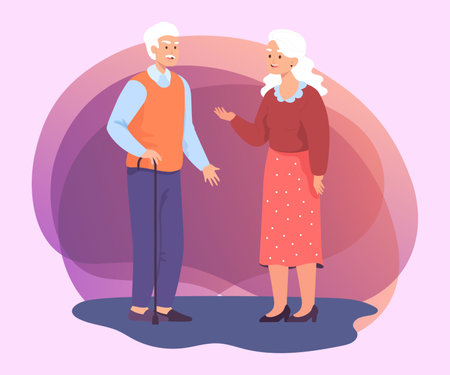 Elderly woman talking to man with cane. Old couple gesturing while conversation flat vector illustration. Communication, old age concept for banner, website design or landing pageのイラスト素材
